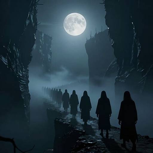 Silhouetted figures walk through a foggy, moonlit, ruined pathway between two jagged, dark, rocky cliffs in this eerie, digital