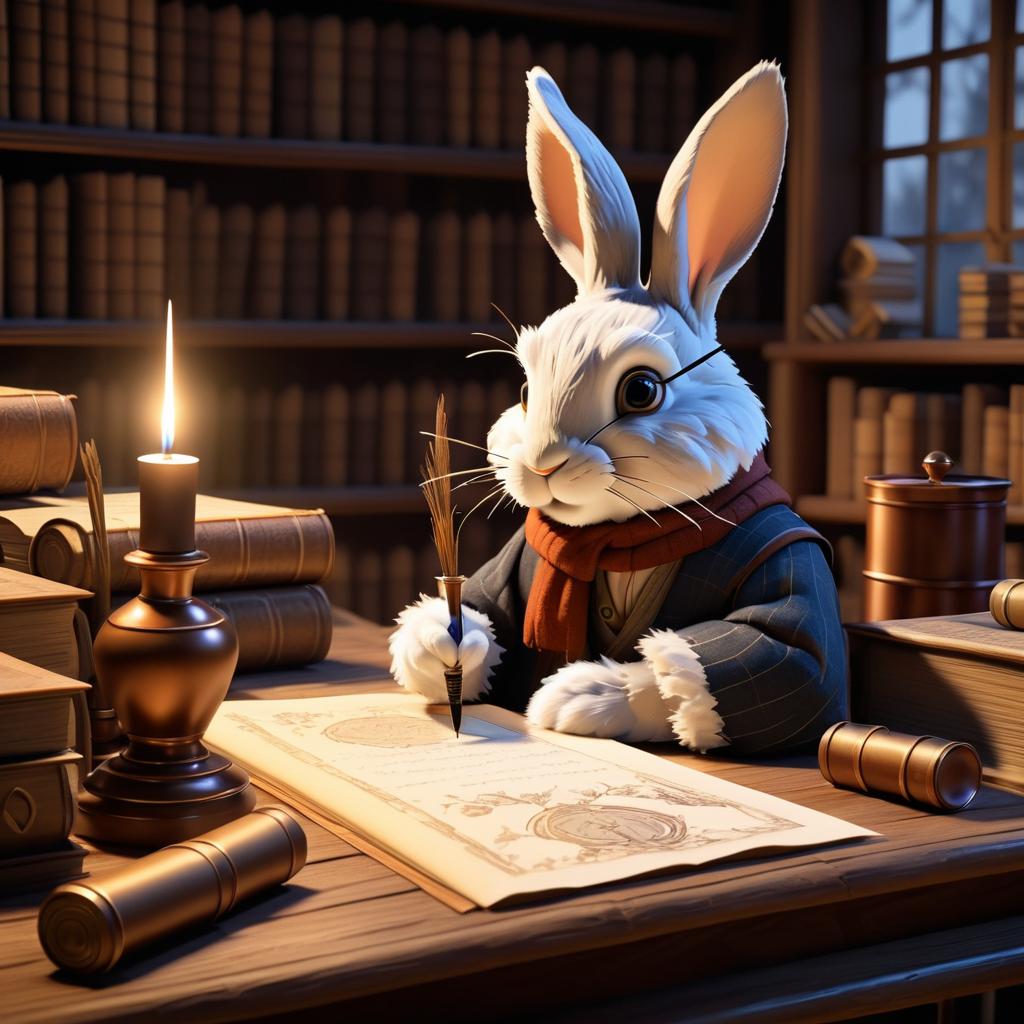 Whimsical Writer Rabbit in Cozy Study