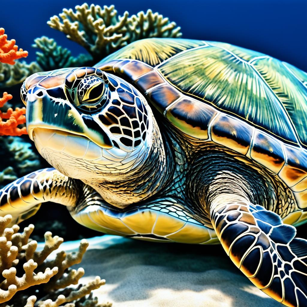 Realistic Sea Turtle Portrait with Coral Reef