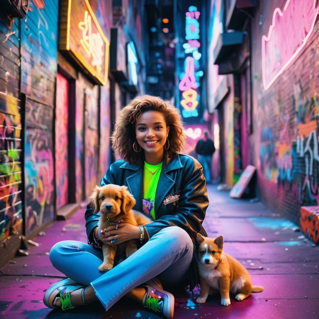 Joyful Woman with Puppy in 1980s NYC