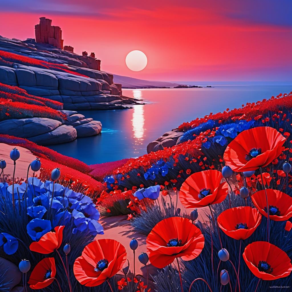 Surreal Poppies on Rocky Twilight Canvas