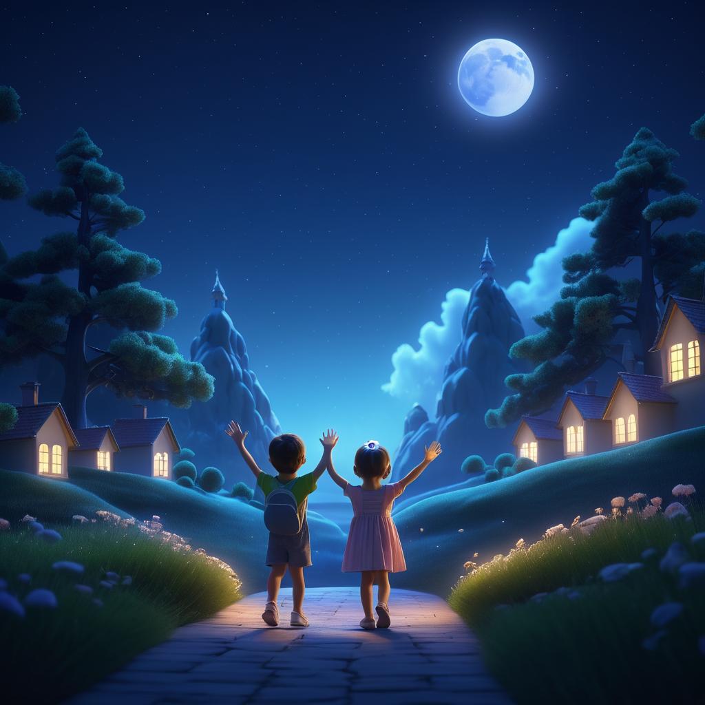 Cheerful Children in a Dreamy Night Scene