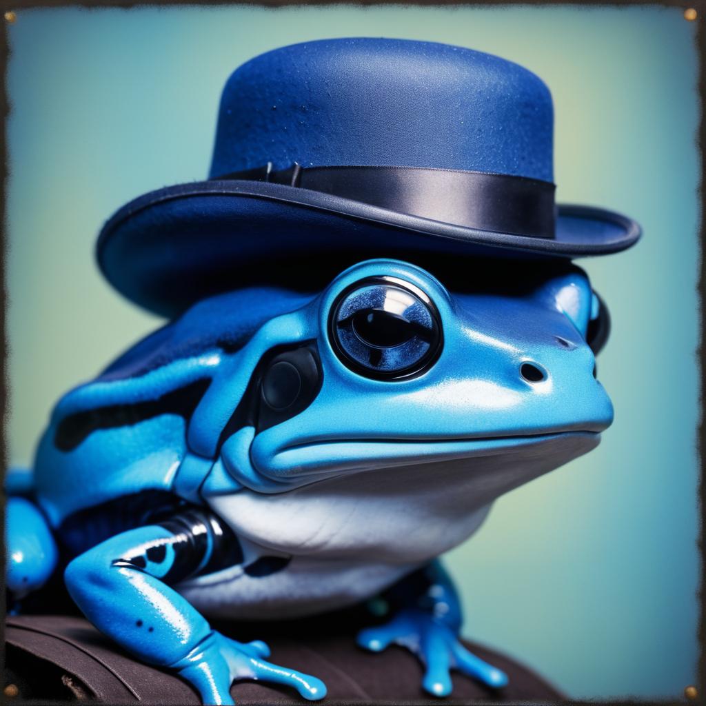 Blue Dart Frog in Vintage Bowler Hat