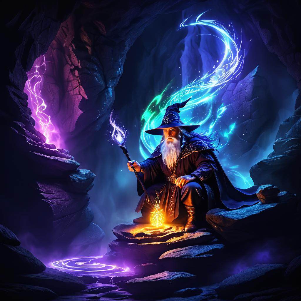 Powerful Wizard in Dark Fantasy Cave