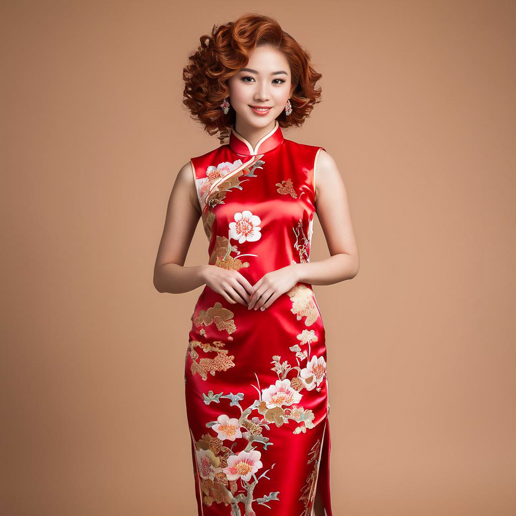 Excited Teen in Floral Qipao Portrait