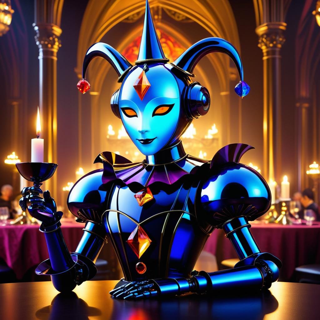 Whimsical Robot Jester in Gothic Ballroom