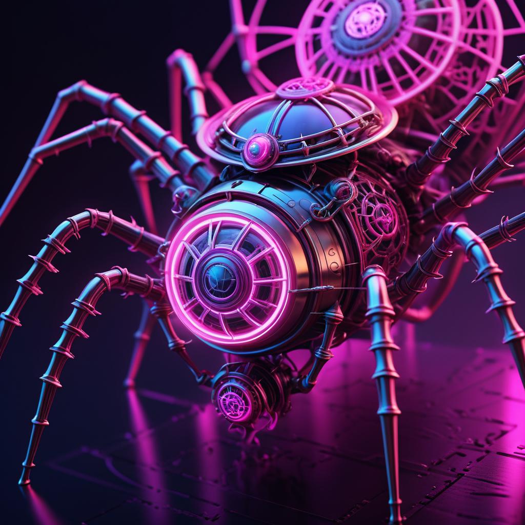 Hyperrealistic Steampunk Spider with Neon