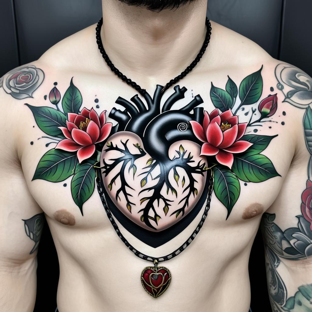 Intricate Chest Tattoo with Heart and Lotus