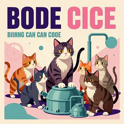 Digital illustration of six colorful cats with various patterns, standing around a blue pet water fountain. Text reads 