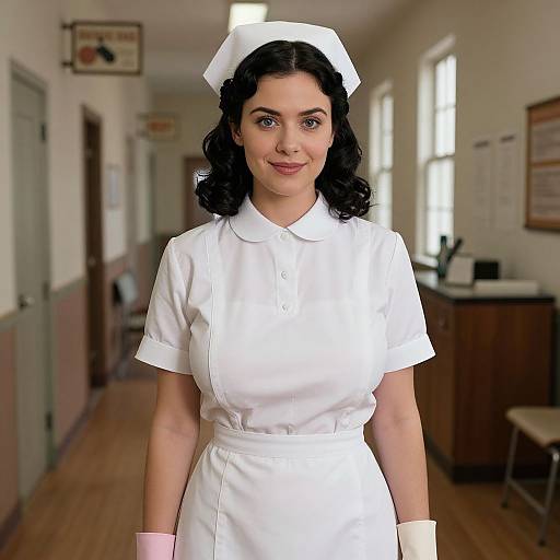 Photograph of a smiling Latina woman with curly black hair, wearing a white nurse uniform and cap, standing in a brightly lit hospital hallway.