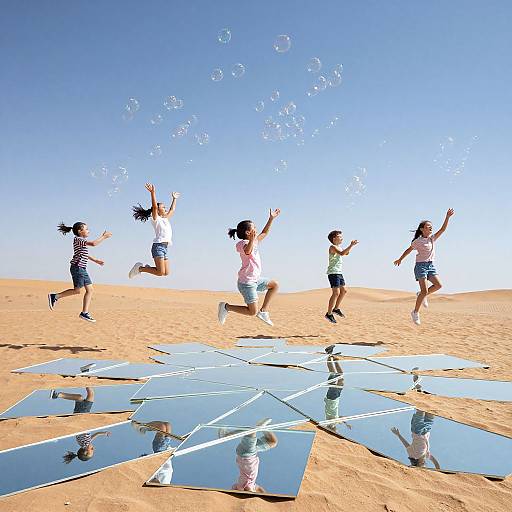 Photograph of five girls jumping in a desert, creating bubbles, with reflective mirrors on the sandy ground under a clear blue sky.