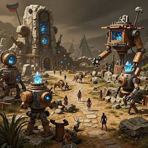 Fantasy sci-fi digital artwork: Steampunk robots with glowing blue crystals, small adventurers, rocky path, cloudy sky, arches, and distant