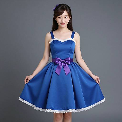 Photograph of an Asian woman with long black hair wearing a blue, sleeveless, lace-trimmed dress with a purple bow, standing against a