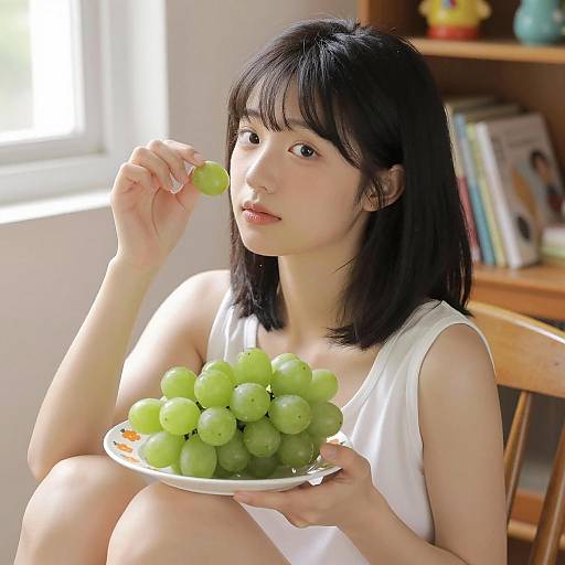 Asian Woman Enjoying Grapes Indoors