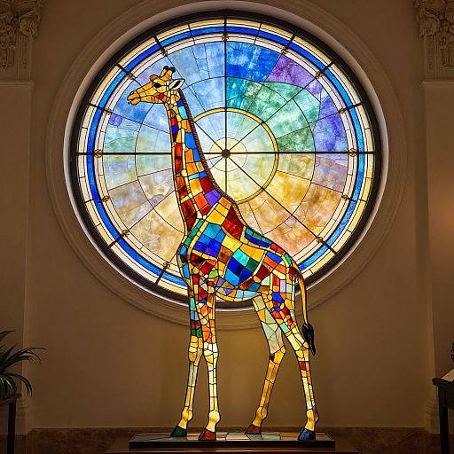 Photograph of a colorful stained glass window featuring a mosaic-patterned giraffe, set in an ornate, circular design with blue and yellow hues.