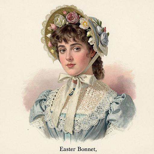 Victorian-style portrait of a young woman with fair skin, brown curly hair, wearing a blue dress with lace, floral headpiece, and ribbon bow