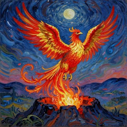 Vibrant digital painting of a fiery red and orange phoenix with outstretched wings, rising from a volcano under a swirling, starry night sky