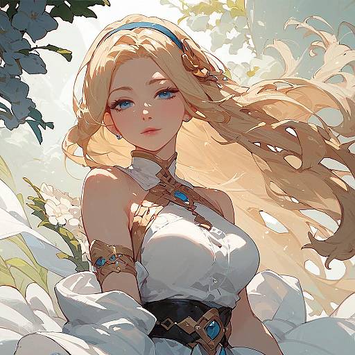Digital anime-style drawing of a blonde woman with blue eyes, wearing a white dress and blue jewelry, surrounded by sunlight and flowers.