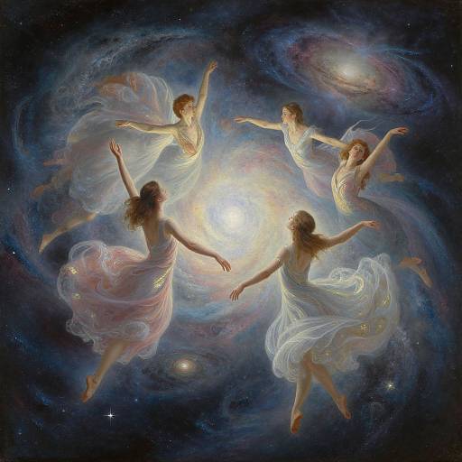 Digital artwork of five ethereal, glowing women in flowing white dresses, dancing gracefully in a swirling, cosmic galaxy with stars and nebulae.