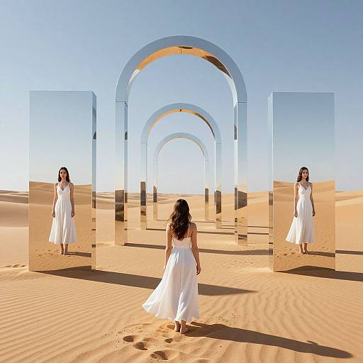 Photograph of a woman in a white dress, viewed from behind, walking through a mirrored archway in a sunlit desert.