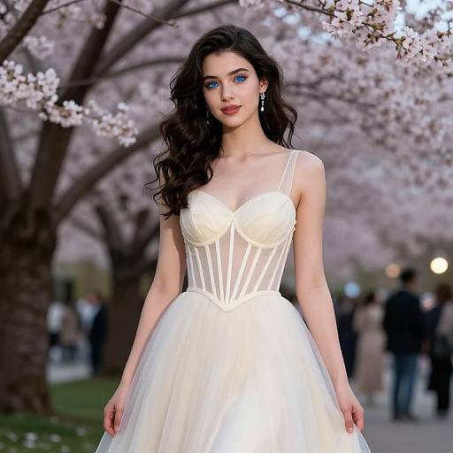 Photograph of a beautiful woman with fair skin and blue eyes, wearing a white, strapless, sheer- bodice wedding dress, standing under blo