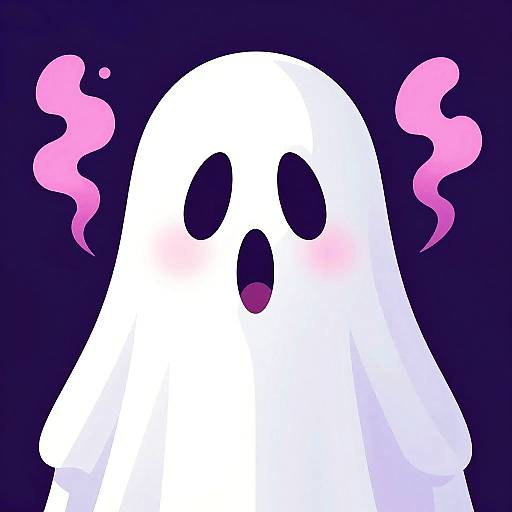 Digital cartoon of a cute white ghost with large black eyes and an open mouth, blushing with pink swirls on a dark purple background.