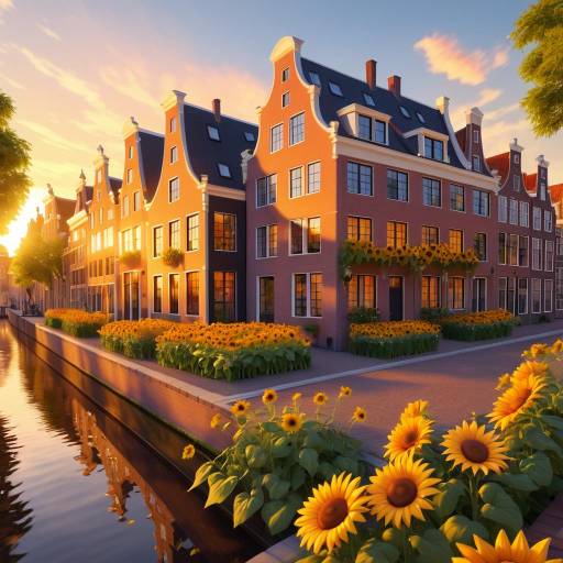 Sunset on Dutch Canal with Sunflower Decorated Art Gallery