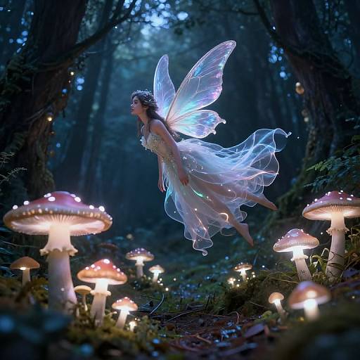 Photograph of a glowing fairy with translucent wings, wearing a flowing white dress, flying among luminous, red-capped mushrooms in a dark, enchanted