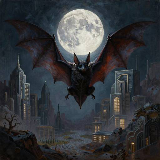 Digital art of a dark, winged bat flying towards a glowing full moon over a neon-lit, foggy cityscape with skyscrapers.
