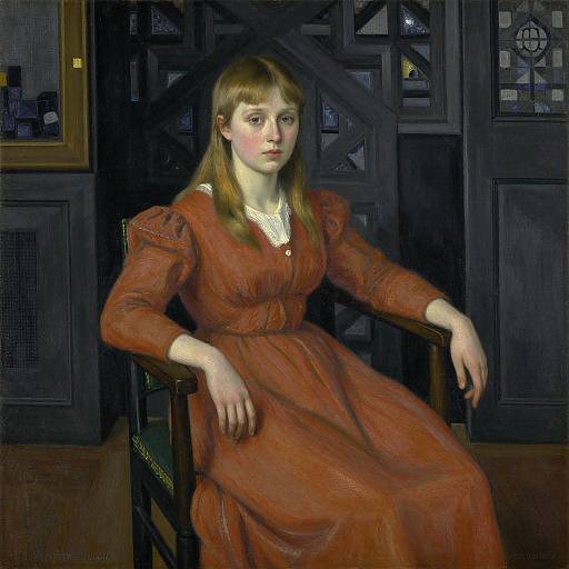 Photorealistic painting of a young woman with fair skin and brown hair, wearing a red dress with puffed sleeves, seated in a dark wooden chair