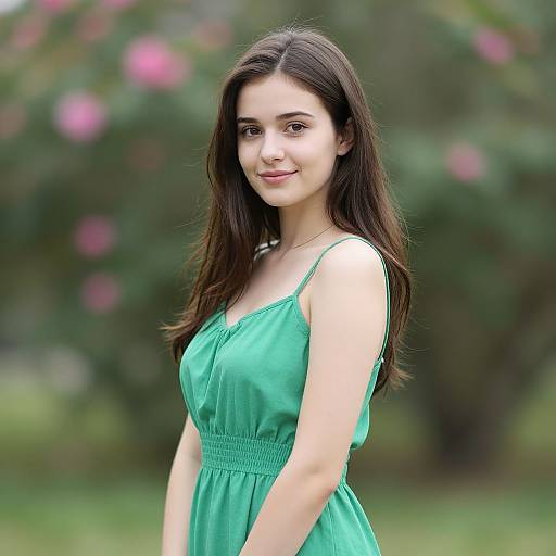 Photograph of a young woman with long brown hair, wearing a green sleeveless dress, standing outdoors with a blurred green and pink floral background. She
