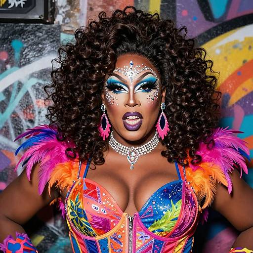 Photograph of a curvy Black woman with curly hair, vibrant makeup, colorful feathered top, large earrings, and sparkling necklace, against a graffiti