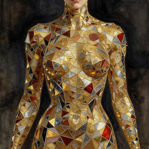 Photograph of a woman with a gold mosaic bodysuit, featuring geometric patterns and reflective surfaces, against a dark background.
