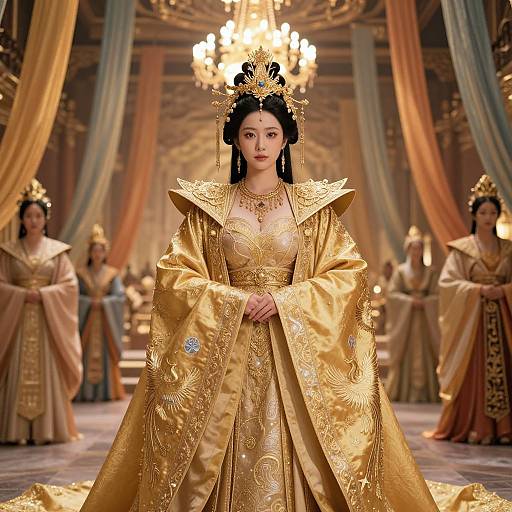 Photograph of an elegant Asian woman in a lavish, gold embroidered imperial robe, standing in an opulent, chandelier-lit hall, surrounded by