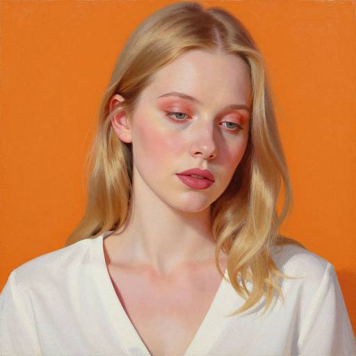 Photograph of a fair-skinned, blonde woman with pink eyeshadow, red lipstick, and white blouse against a vibrant orange background.