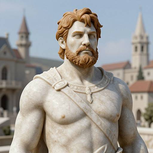 Photorealistic CGI statue of a muscular, bearded man with red hair, wearing a strap, in front of a medieval church.