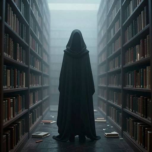 Cyberpunk Solitary Figure in Foggy Library