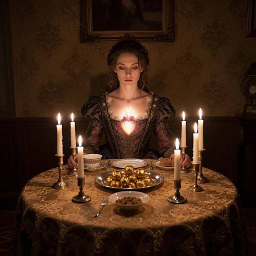 Photograph of a pale woman in a dark, ornate dress, surrounded by lit candles, sitting at a table with gold-patterned tablecloth,