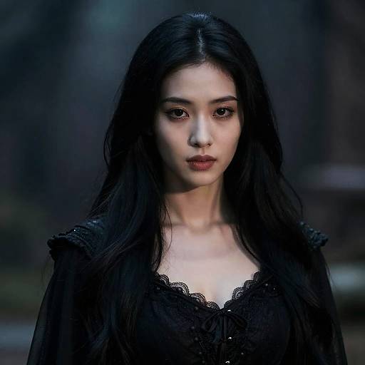 Photograph of a young Asian woman with long black hair, wearing a black lace blouse, standing in a dimly lit, blurred forest background. Her