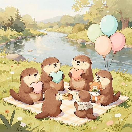 Pastel Baby Otters Riverside Picnic