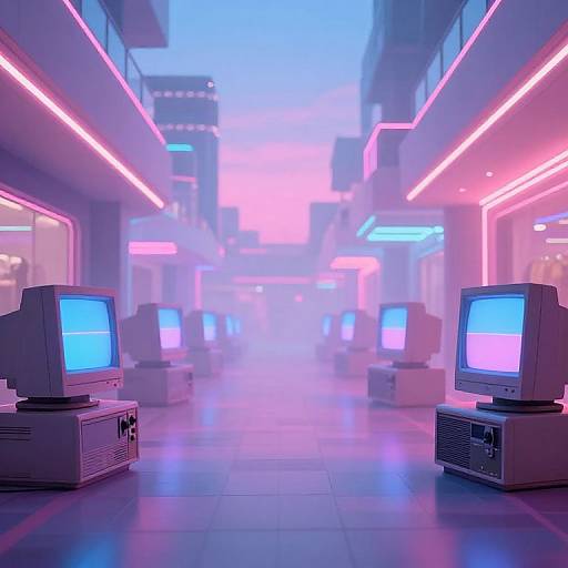 Neon-lit futuristic hallway with retro CRT TVs glowing blue and pink, surrounded by mist, flanked by illuminated building exteriors.