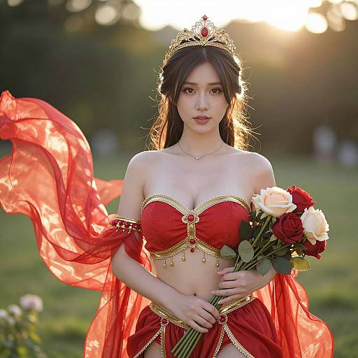 Photograph of an Asian woman with long black hair, wearing a red and gold strapless top, red veil, crown, and holding a bouquet of