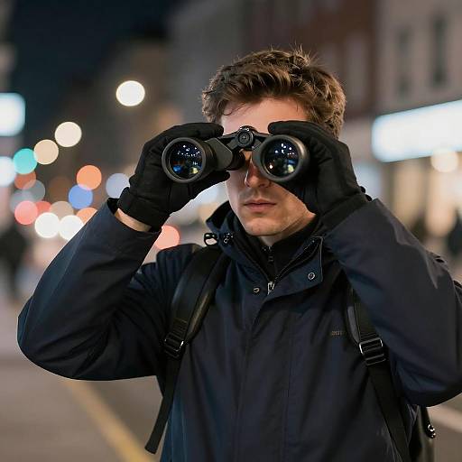 Mysterious Man with Binoculars at Night