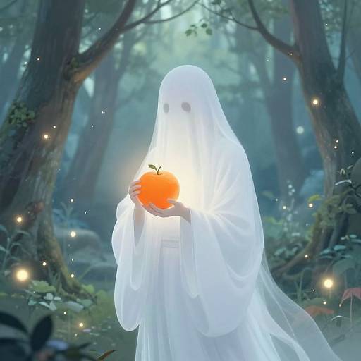 Ghostly figure in white hood holding glowing orange apple in mystical forest, surrounded by floating fireflies, ethereal and magical atmosphere.