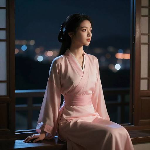 Photograph of a serene East Asian woman in a pink silk kimono, sitting by a window at night, illuminated by soft light, with city lights