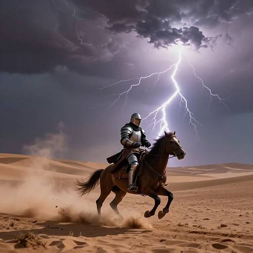 Photograph of a knight in silver armor riding a galloping horse in a desert, with a bright lightning bolt striking in a dark, stormy
