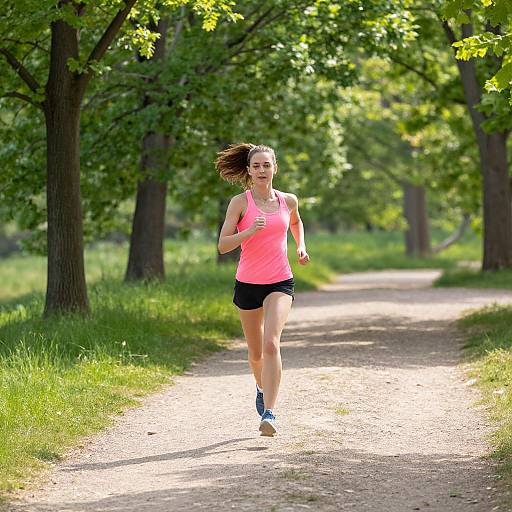 Photograph of a fit, young woman with light brown hair running on a sunny, tree-lined dirt path in a green park. She wears a bright