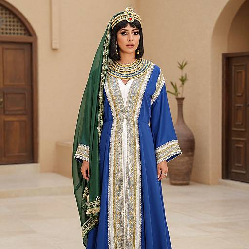 Photograph of a South Asian woman in a blue and gold traditional dress, green veil, ornate headpiece, standing in a beige courtyard with wooden