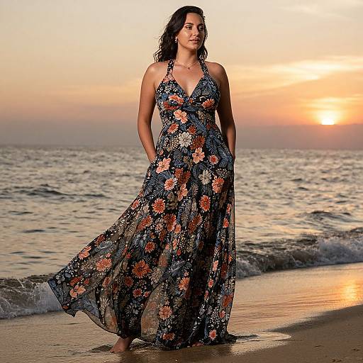 Photograph of a dark-haired woman in a flowing, floral-patterned sundress standing on a beach at sunset, with gentle waves and an orange-h