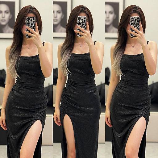 Photograph of an Asian woman with long, ombre hair in a tight, black, strapless dress with high slits, taking mirror selfies